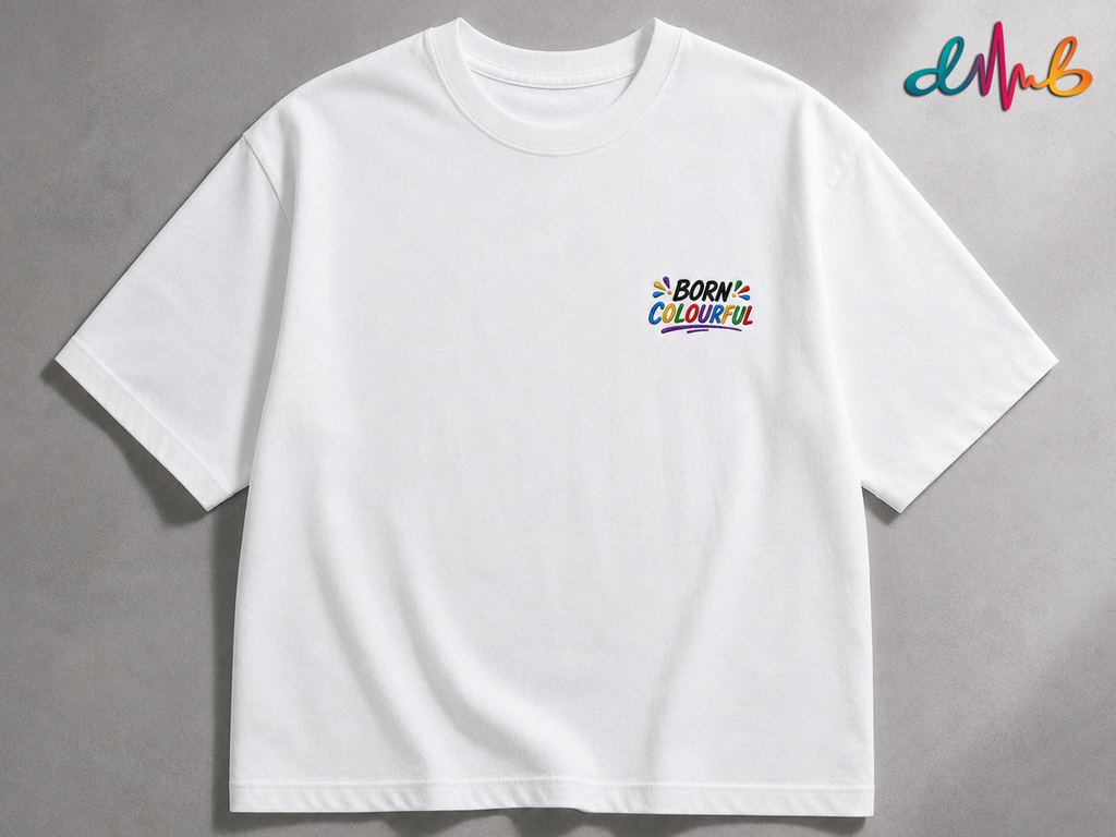 BORN COLOURFUL Oversized Embroidered T-Shirt | Premium White Streetwear | Dhaaga Beats