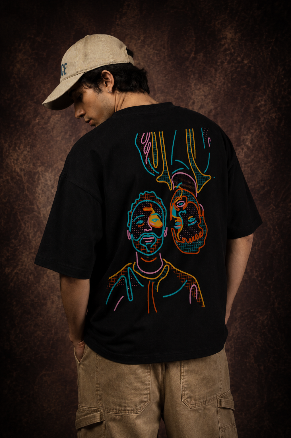 Neon Dual Faces Abstract Oversized Printed T-Shirt – 240 GSM Premium Streetwear by Dhaaga Beats
