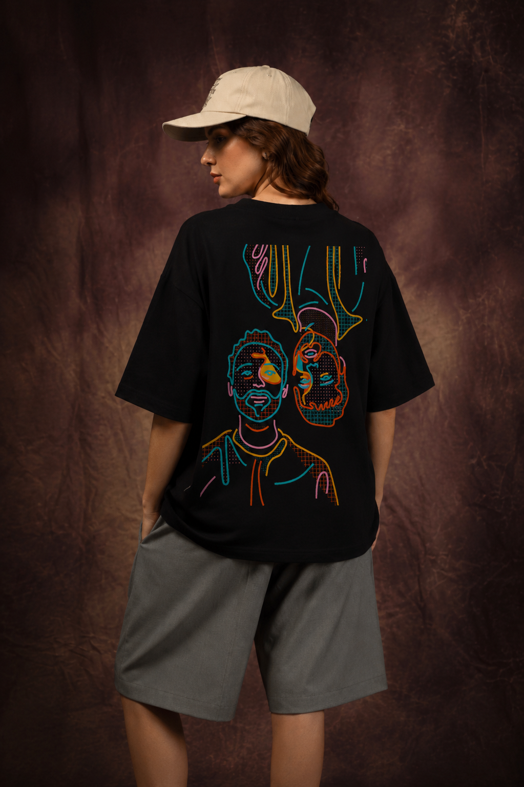 Neon Dual Faces Abstract Oversized Printed T-Shirt – 240 GSM Premium Streetwear by Dhaaga Beats