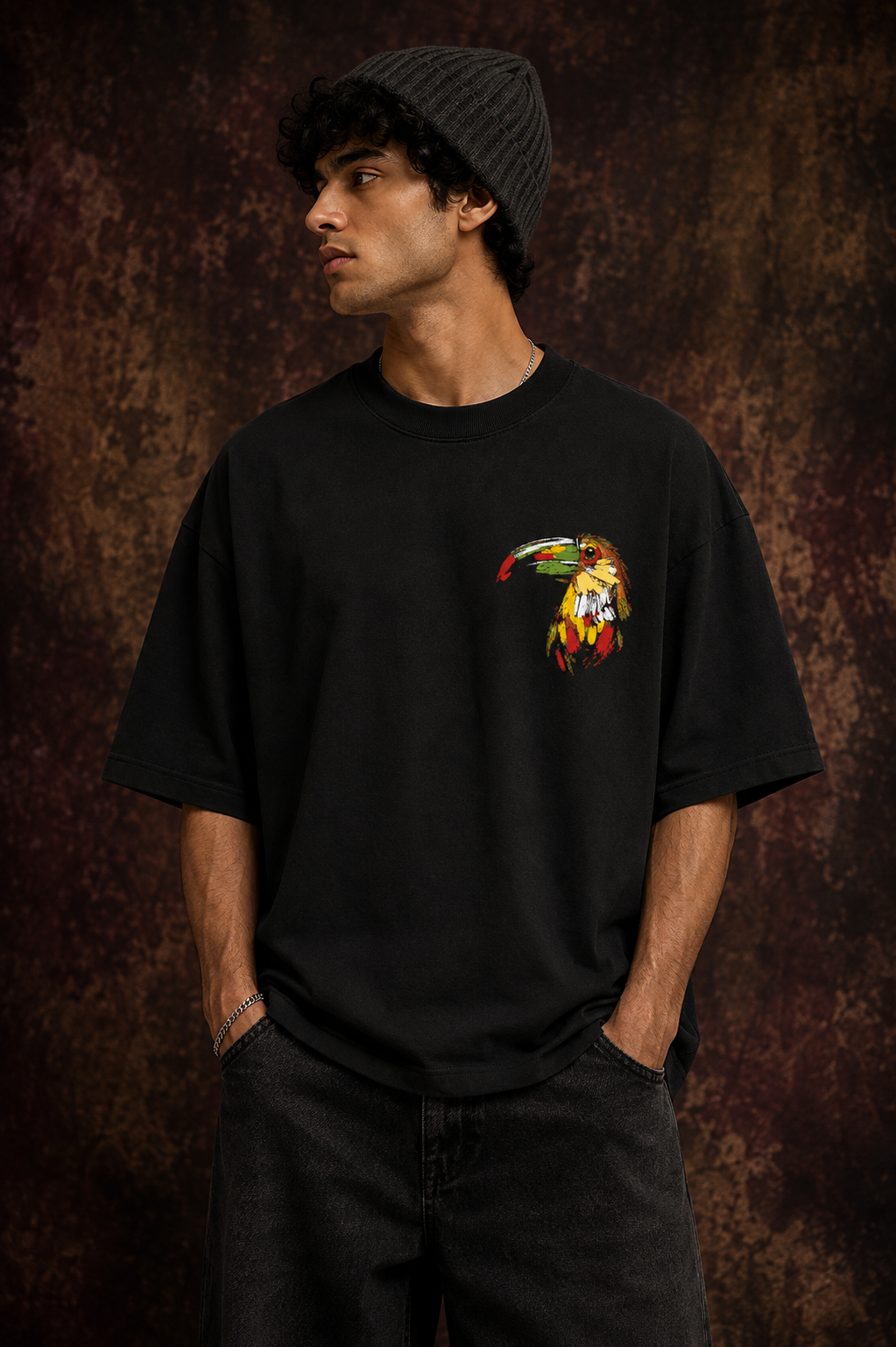 Abstract Toucan Bird Oversized Printed T-Shirt – 240 GSM Premium Streetwear by Dhaaga Beats