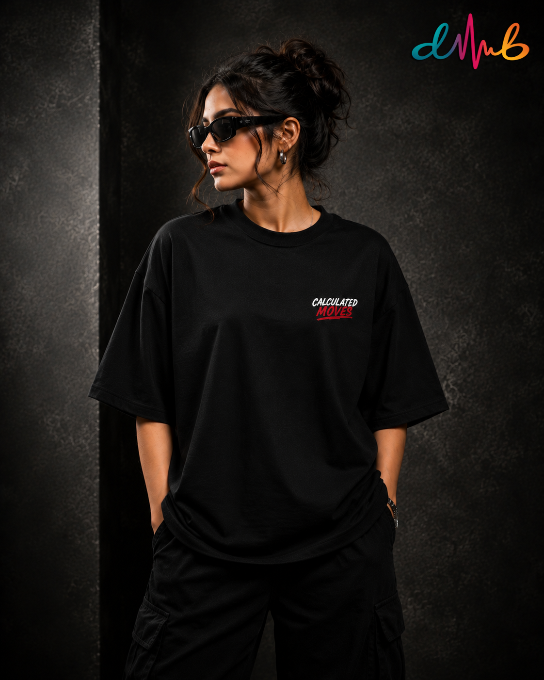 Calculated Moves Oversized Black Embroidered T-Shirt