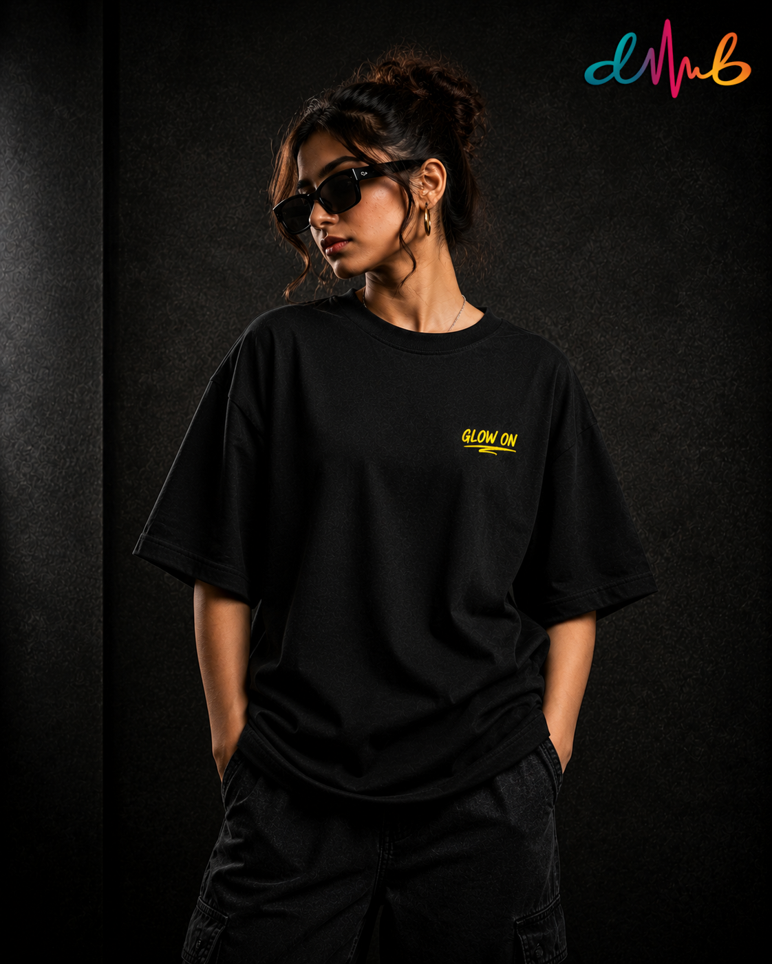 Glow On Oversized Premium Embroidered T-Shirt – Black