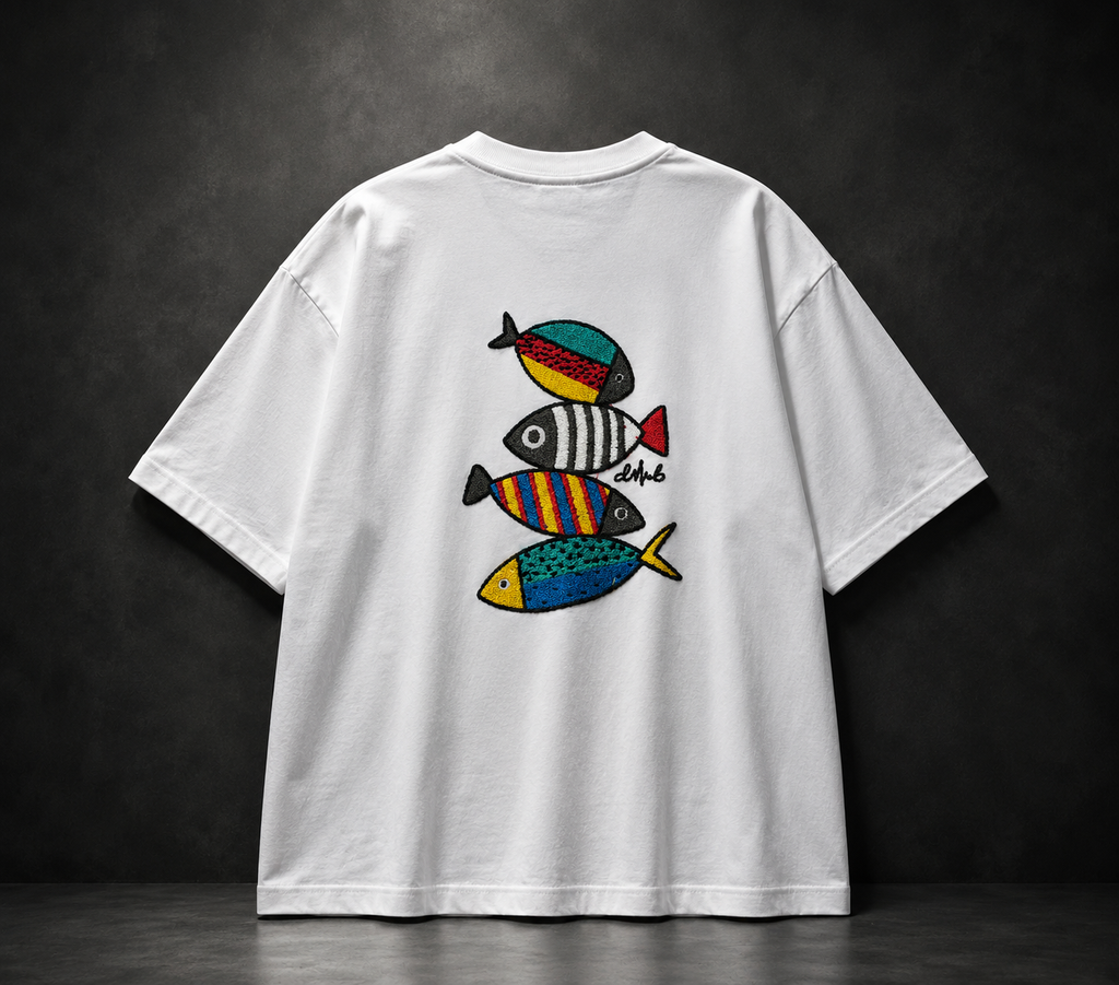 GO WITH THE FLOW Oversized Embroidered T-Shirt – Premium White Streetwear Tee