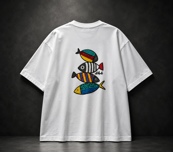 GO WITH THE FLOW Oversized Embroidered T-Shirt – Premium White Streetwear Tee