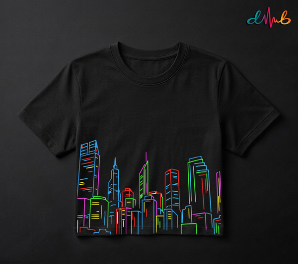 Neon City Skyline Printed Oversized T-Shirt – Premium Streetwear by Dhaaga Beats