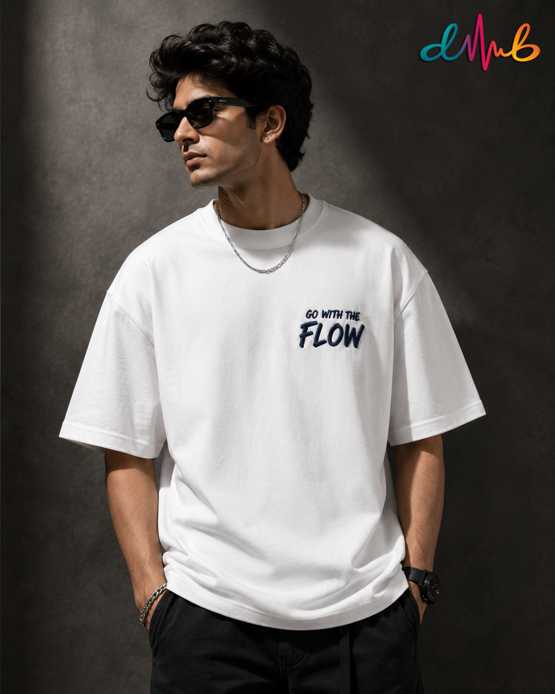 GO WITH THE FLOW Oversized Embroidered T-Shirt – Premium White Streetwear Tee