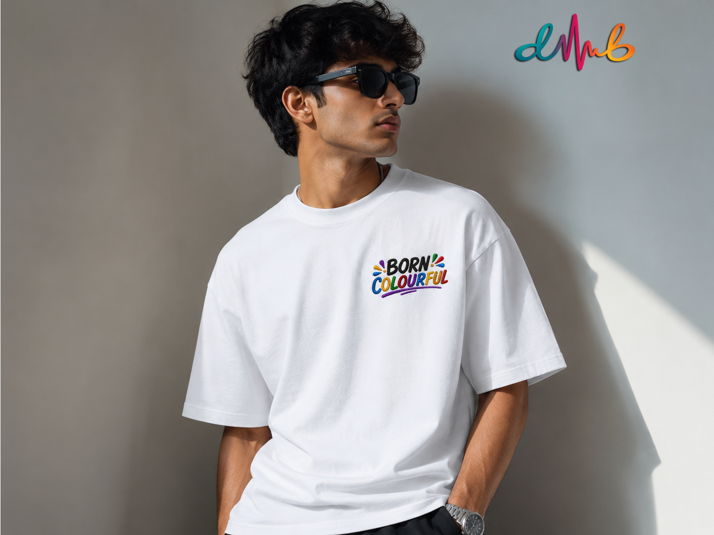 BORN COLOURFUL Oversized Embroidered T-Shirt | Premium White Streetwear | Dhaaga Beats