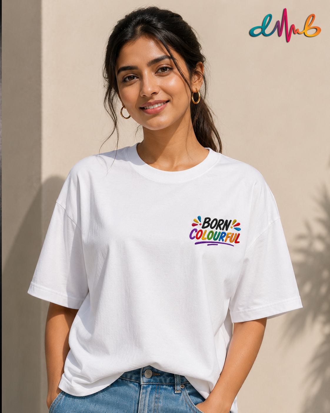 BORN COLOURFUL Oversized Embroidered T-Shirt | Premium White Streetwear | Dhaaga Beats