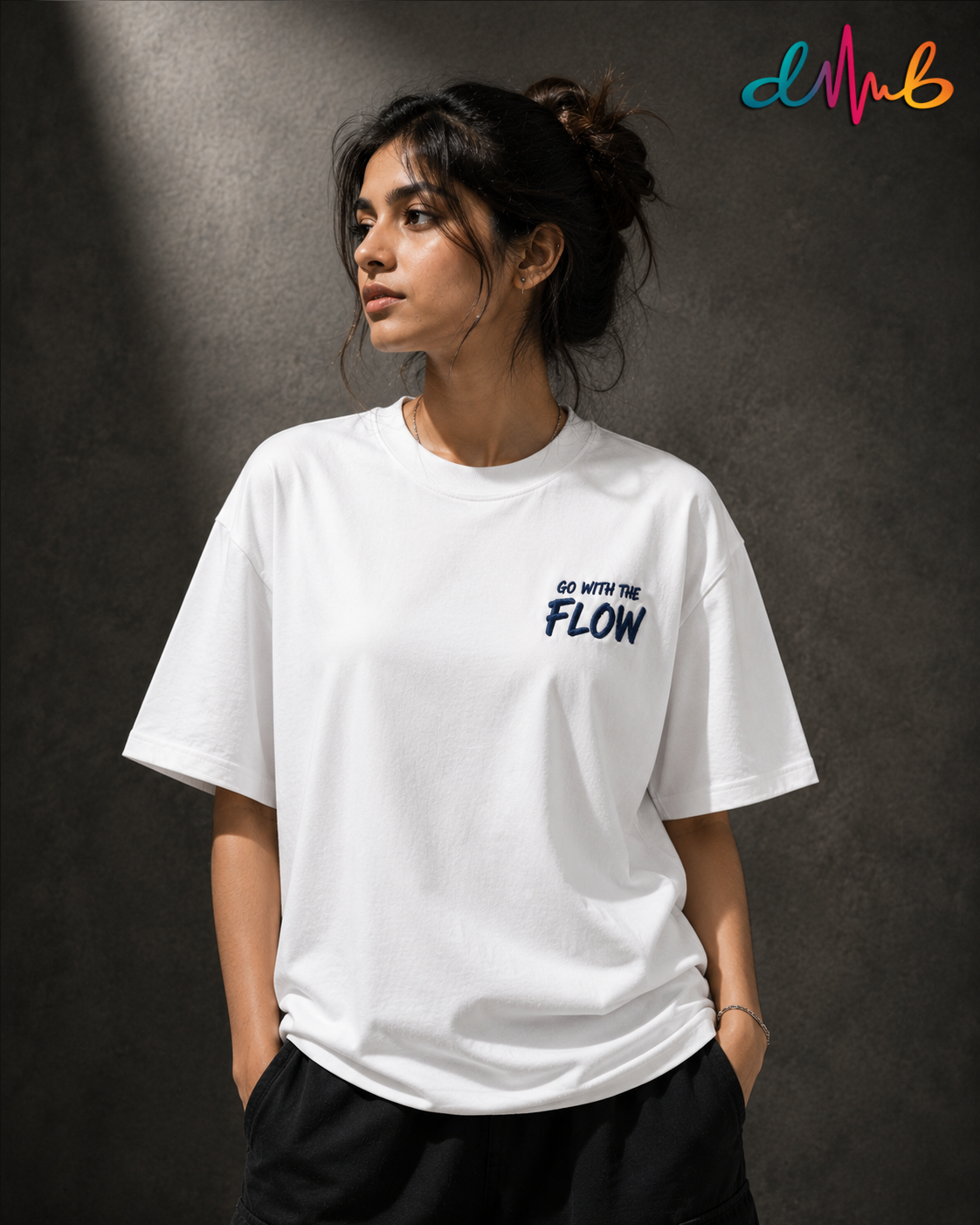 GO WITH THE FLOW Oversized Embroidered T-Shirt – Premium White Streetwear Tee